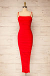Yurtof Red Fitted Ruched Midi Dress | La petite garçonne front view