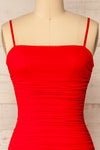 Yurtof Red Fitted Ruched Midi Dress | La petite garçonne front close-up