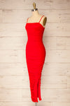 Yurtof Red Fitted Ruched Midi Dress | La petite garçonne side view