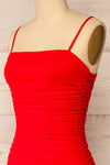Yurtof Red Fitted Ruched Midi Dress | La petite garçonne side close-up