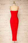 Yurtof Red Fitted Ruched Midi Dress | La petite garçonne back view