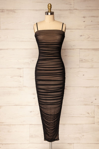 Yurtof Black-Beige Fitted Ruched Midi Dress | La petite garçonne front view