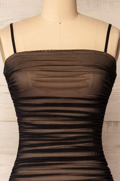 Yurtof Black-Beige Fitted Ruched Midi Dress | La petite garçonne front close-up