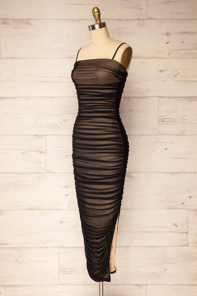 Yurtof Black-Beige Fitted Ruched Midi Dress | La petite garçonne side view