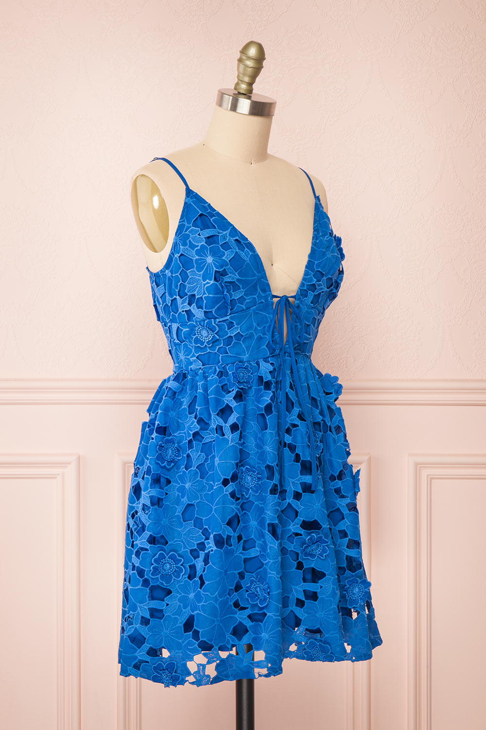 Yvette Short Blue A-Line Lace Dress | Boutique 1861 side view