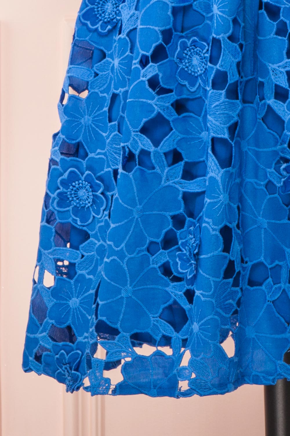 Yvette Short Blue A-Line Lace Dress | Boutique 1861 bottom close-up