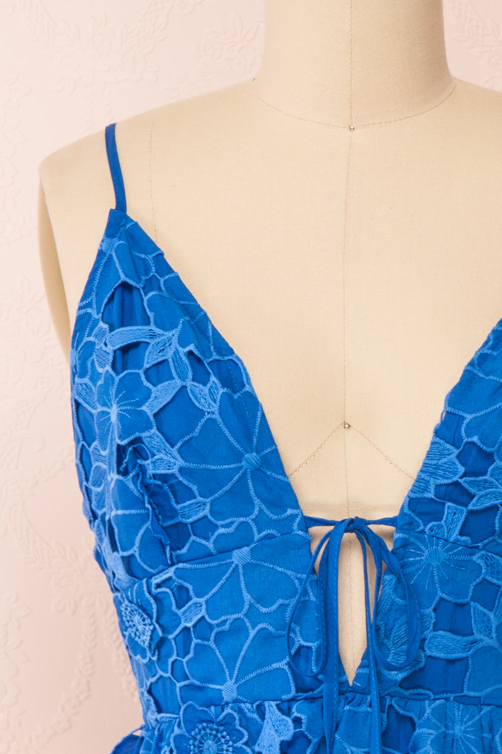 Yvette Short Blue A-Line Lace Dress | Boutique 1861 front close-up