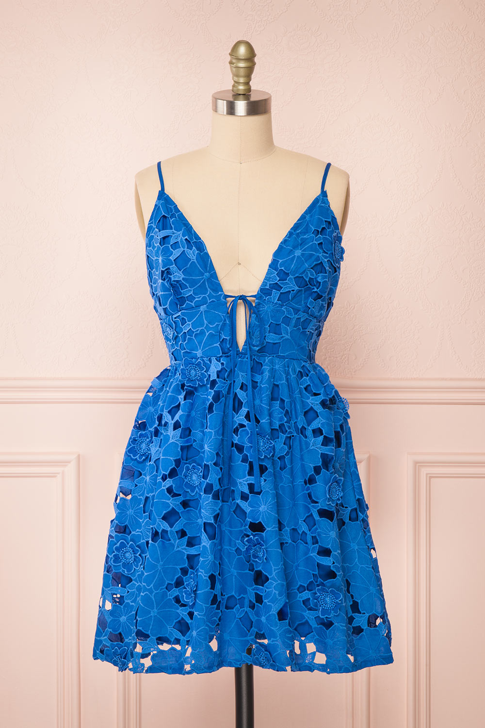 Yvette Short Blue A-Line Lace Dress | Boutique 1861 front view
