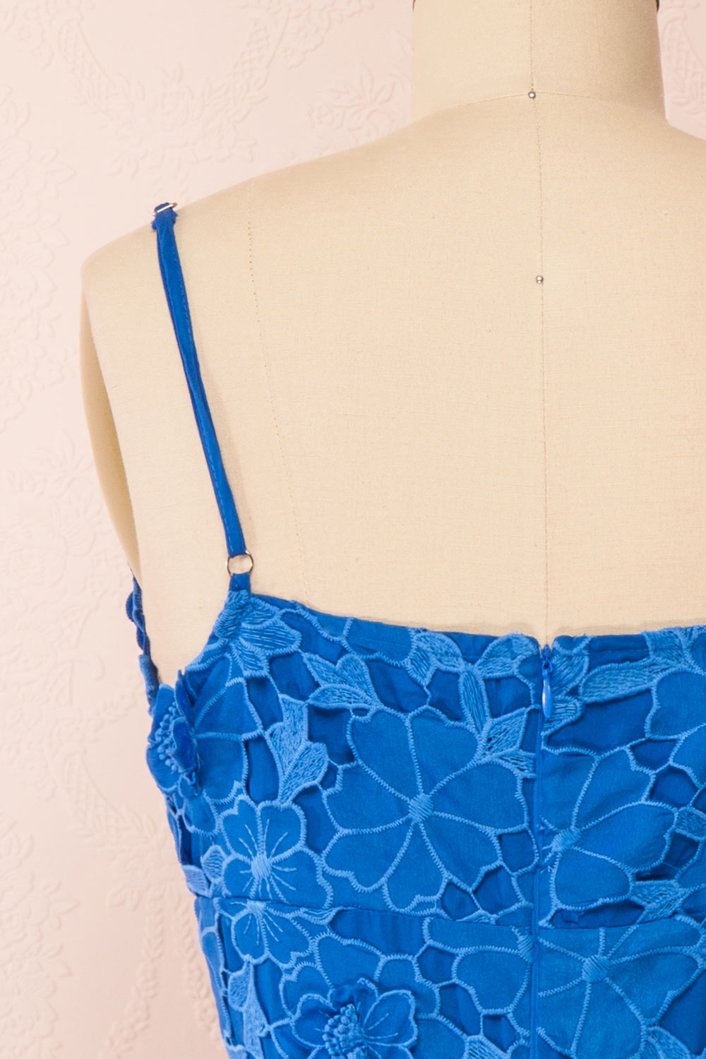 Yvette Short Blue A-Line Lace Dress | Boutique 1861 back close-up