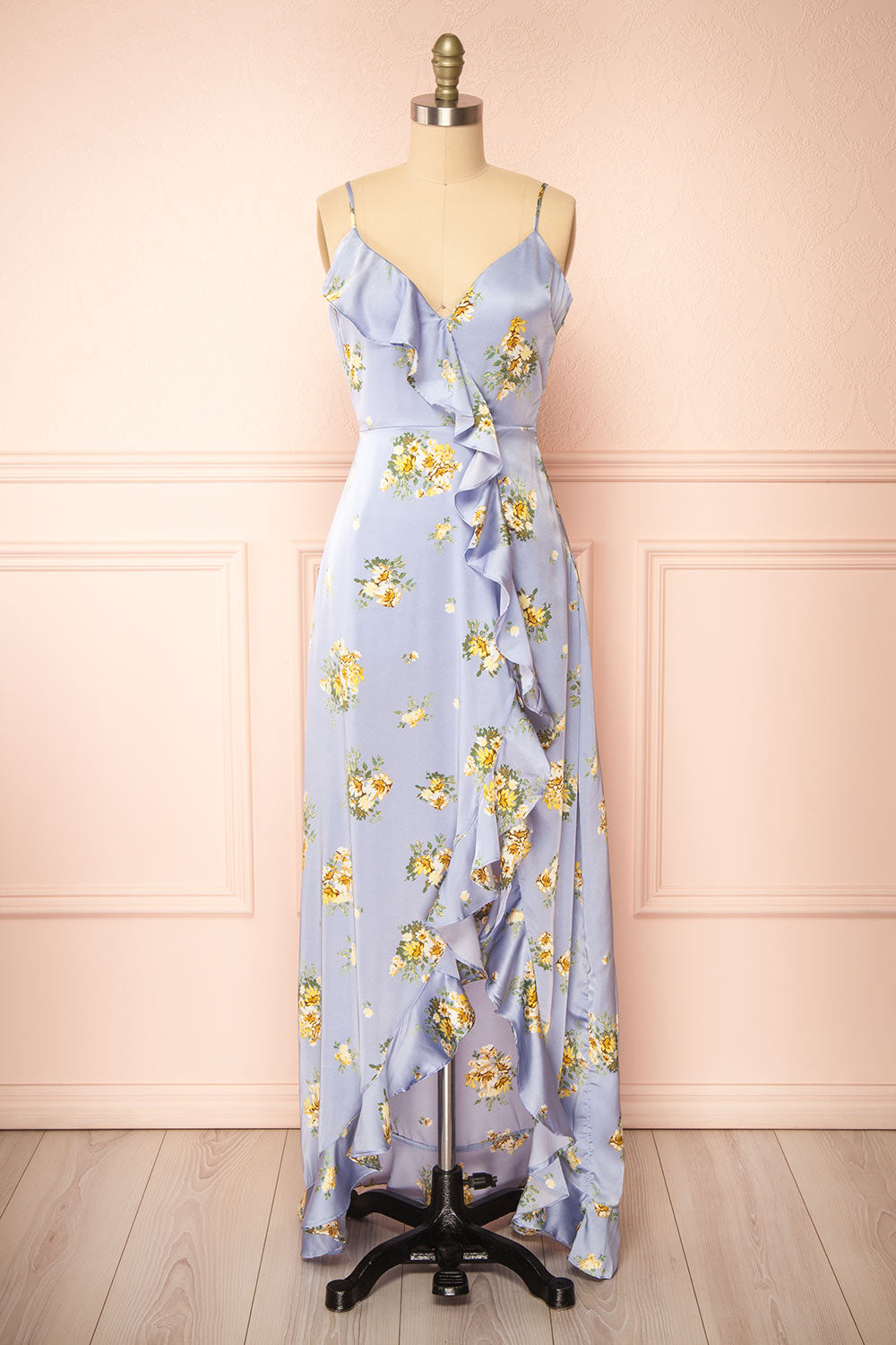 Yzila Floral Blue Maxi Dress w/ Ruffles | Boutique 1861 front view