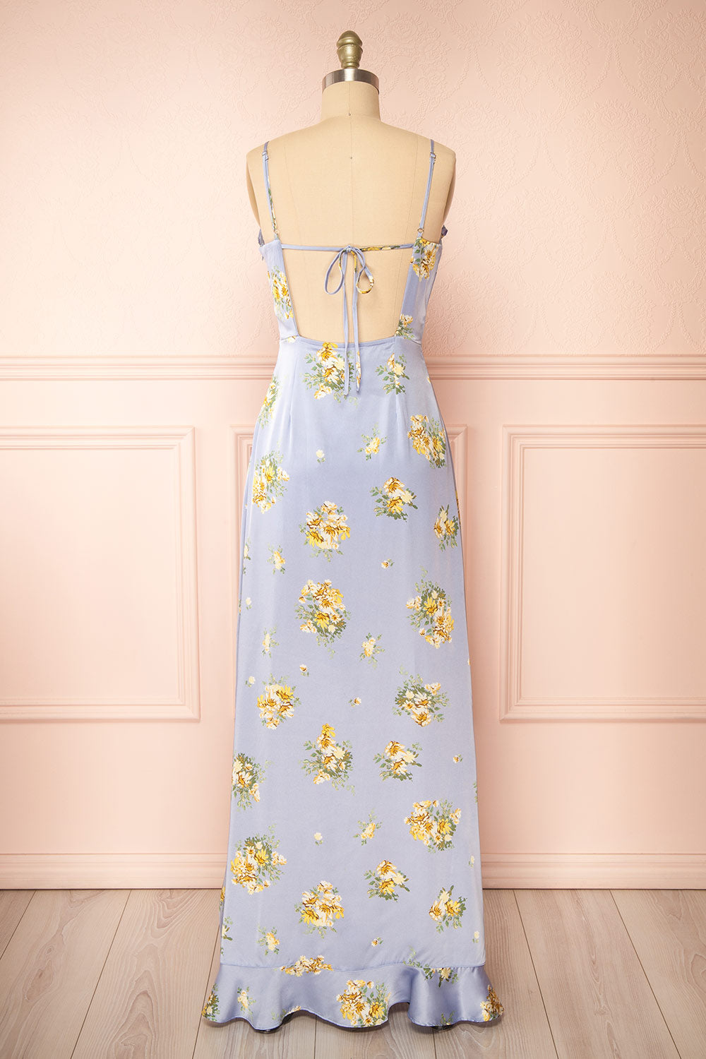 Yzila Floral Blue Maxi Dress w/ Ruffles | Boutique 1861 back view