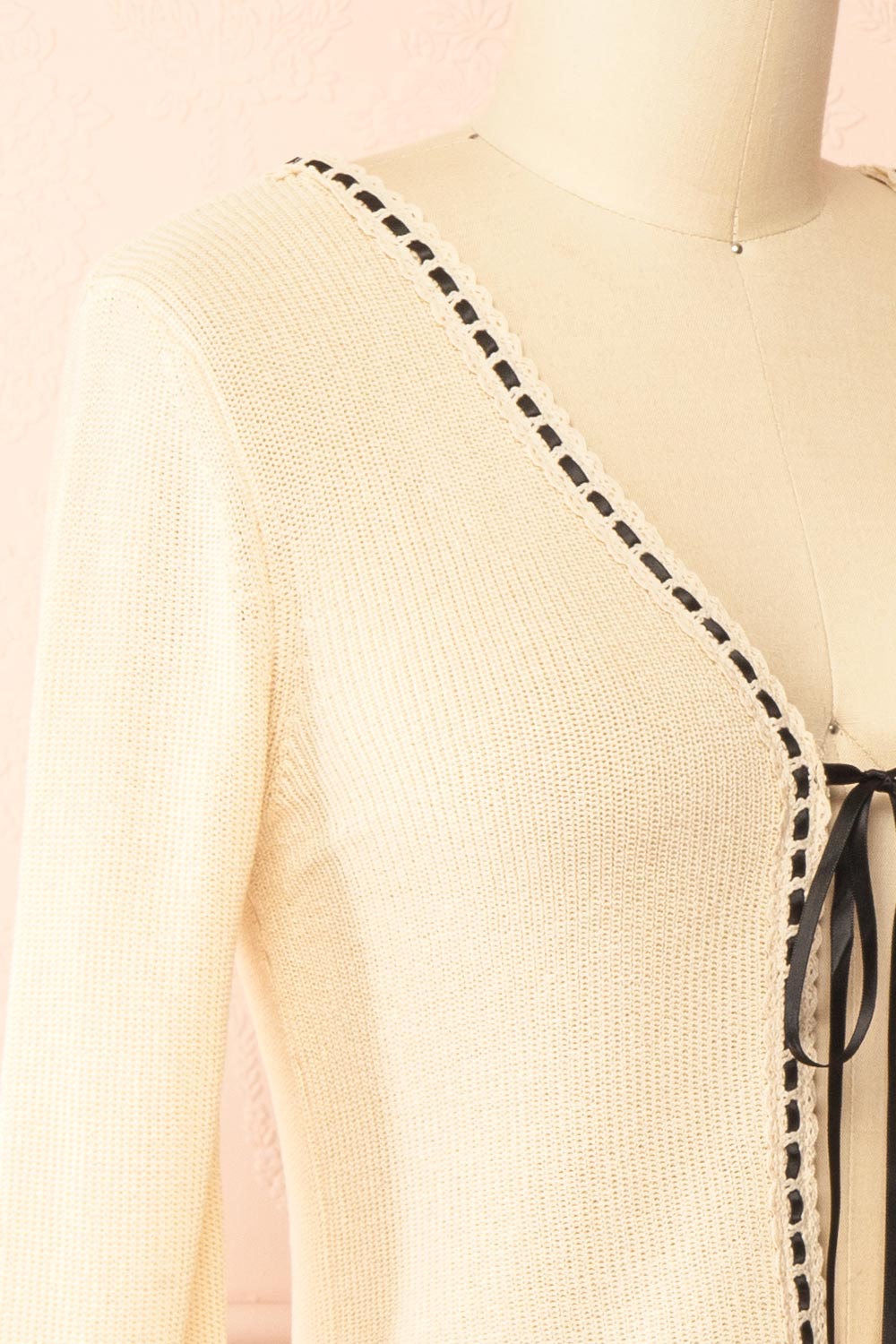 Zafreya Beige Cardigan with Black Ribbon Tie | Boutique 1861 side