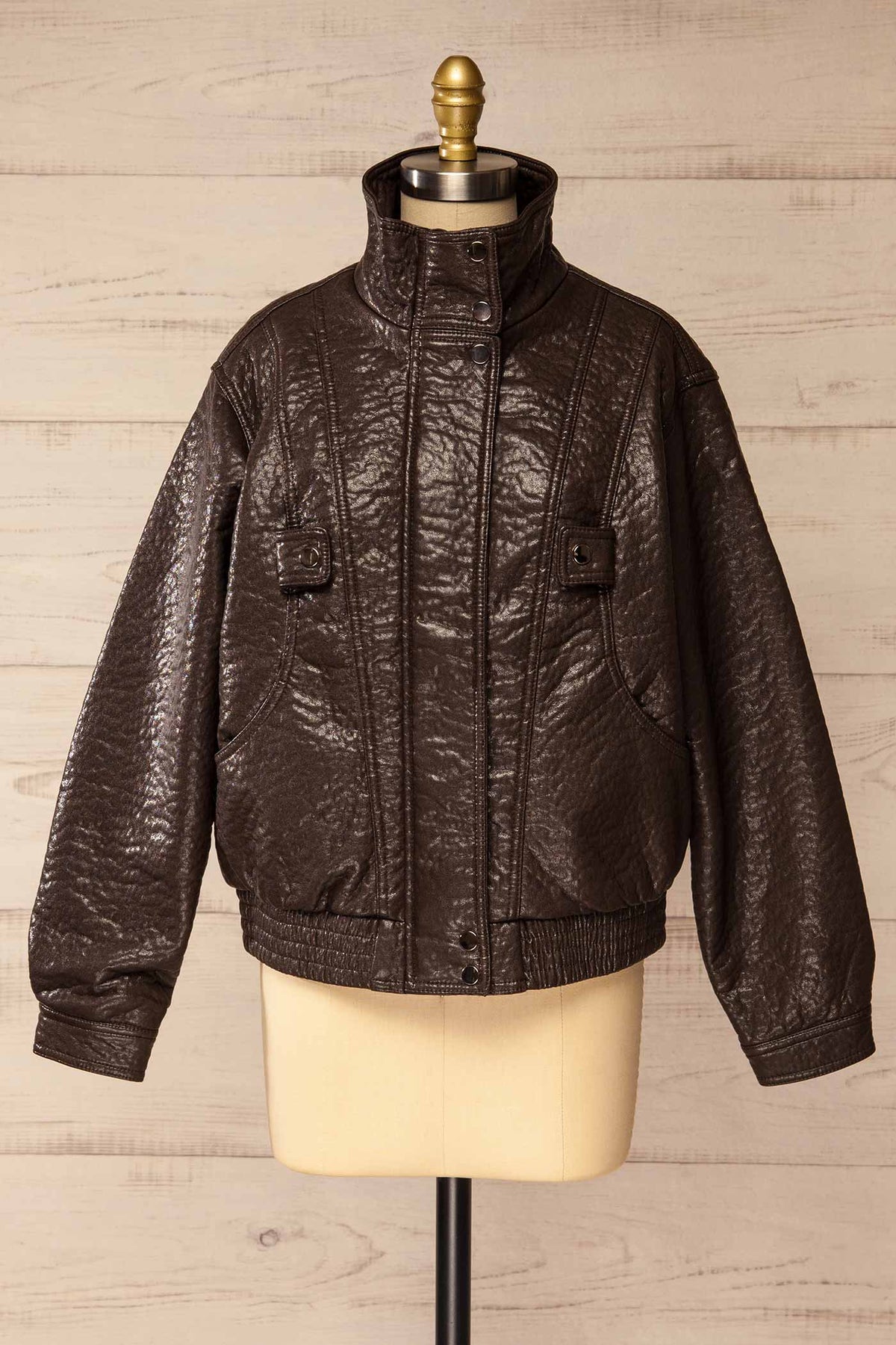 front view of Zagora Brown Faux-Leather Jacket with Pockets at La petite garçonne