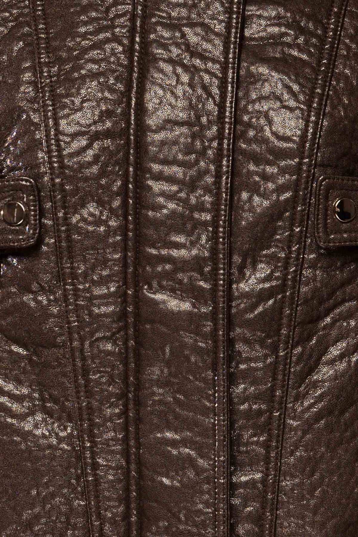 fabric view of Zagora Brown Faux-Leather Jacket with Pockets at La petite garçonne