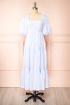 Zahia Blue Striped Maxi Dress w/ Puffy Sleeves | Boutique 1861 front view