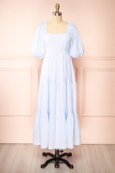 Zahia Blue Striped Maxi Dress w/ Puffy Sleeves | Boutique 1861 front view