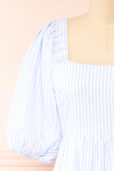 Zahia Blue Striped Maxi Dress w/ Puffy Sleeves | Boutique 1861 front close-up