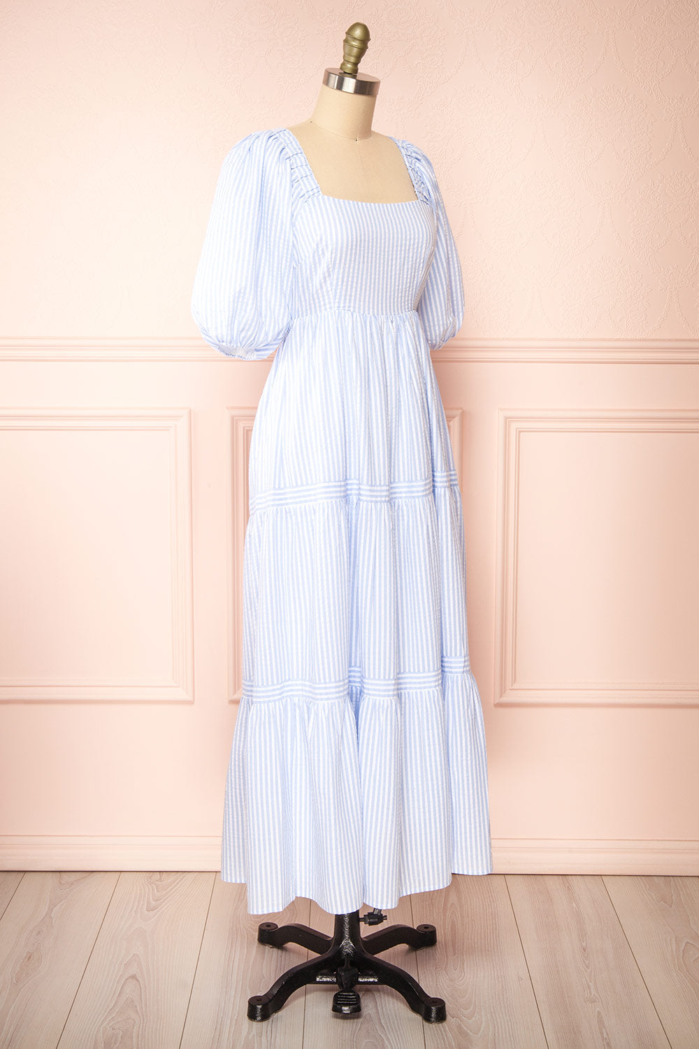 Zahia Blue Striped Maxi Dress w/ Puffy Sleeves | Boutique 1861 side view