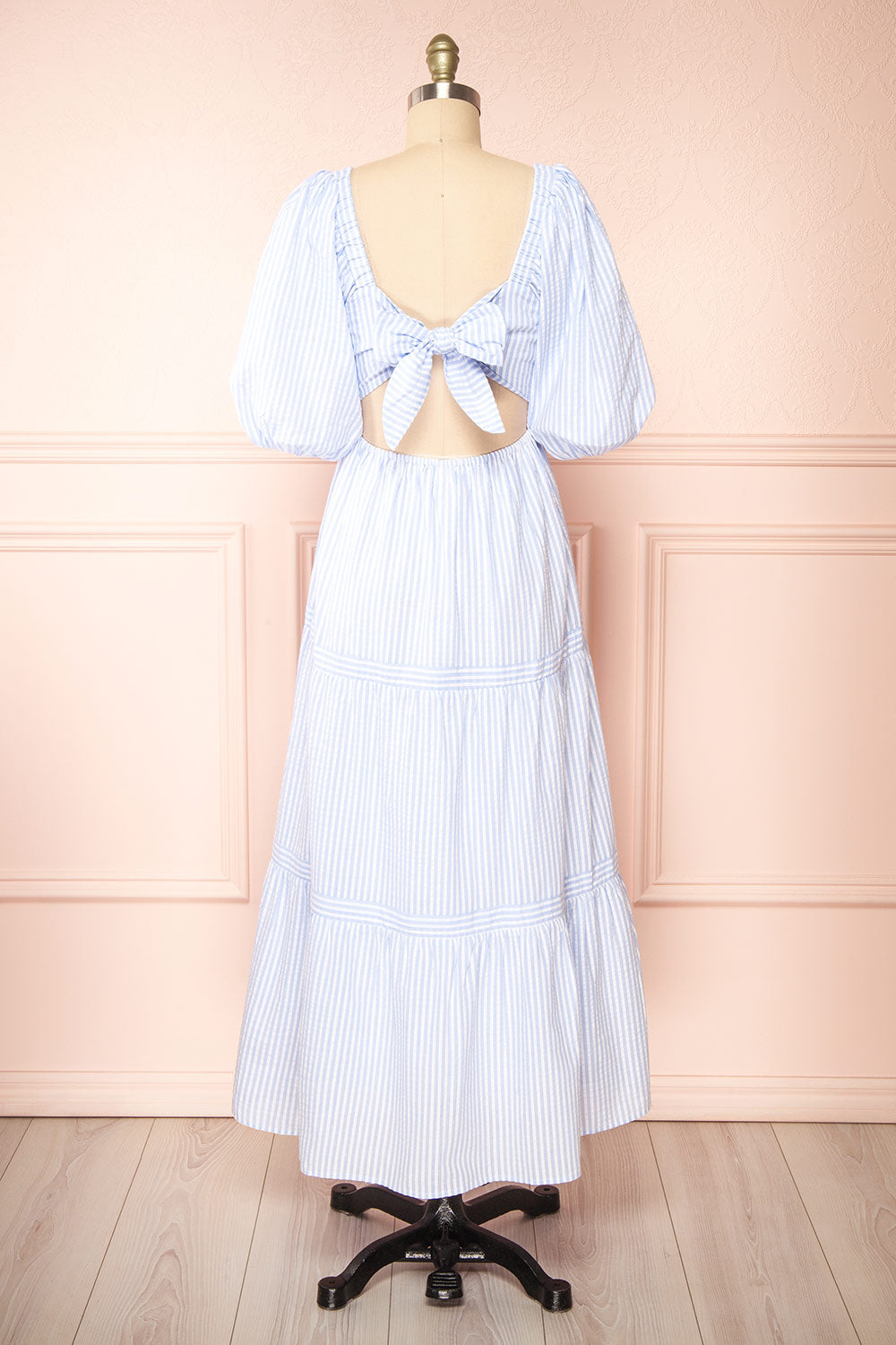 Zahia Blue Striped Maxi Dress w/ Puffy Sleeves | Boutique 1861 back view