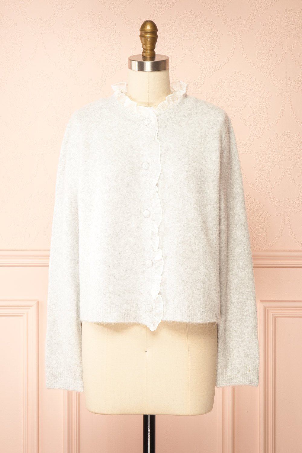 Zamina Grey Cardigan with Ruffles Trim | Boutique 1861 front view
