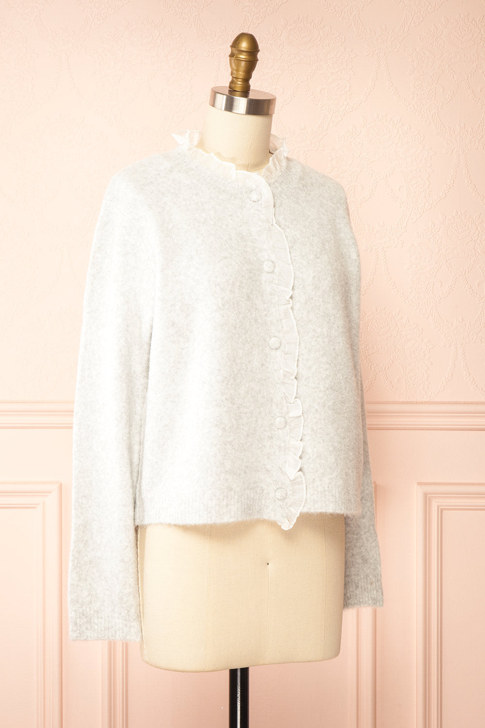 Zamina Grey Cardigan with Ruffles Trim | Boutique 1861 side view