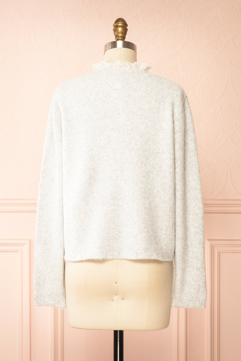 Zamina Grey Cardigan with Ruffles Trim | Boutique 1861 back view