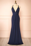 Zanura Navy | V-Neck Chiffon Maxi Dress with Lace-Up Back