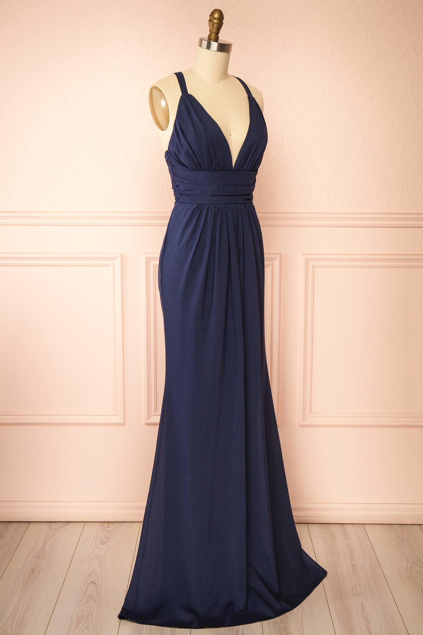 Zanura Navy | V-Neck Chiffon Maxi Dress with Lace-Up Back