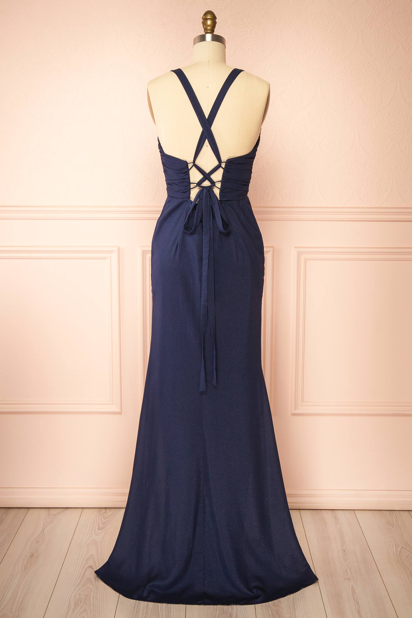 Zanura Navy | V-Neck Chiffon Maxi Dress with Lace-Up Back