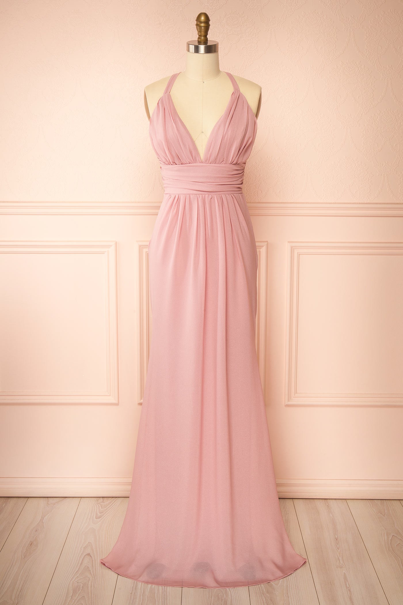 Zanura Pink | V-Neck Chiffon Maxi Dress with Lace-Up Back
