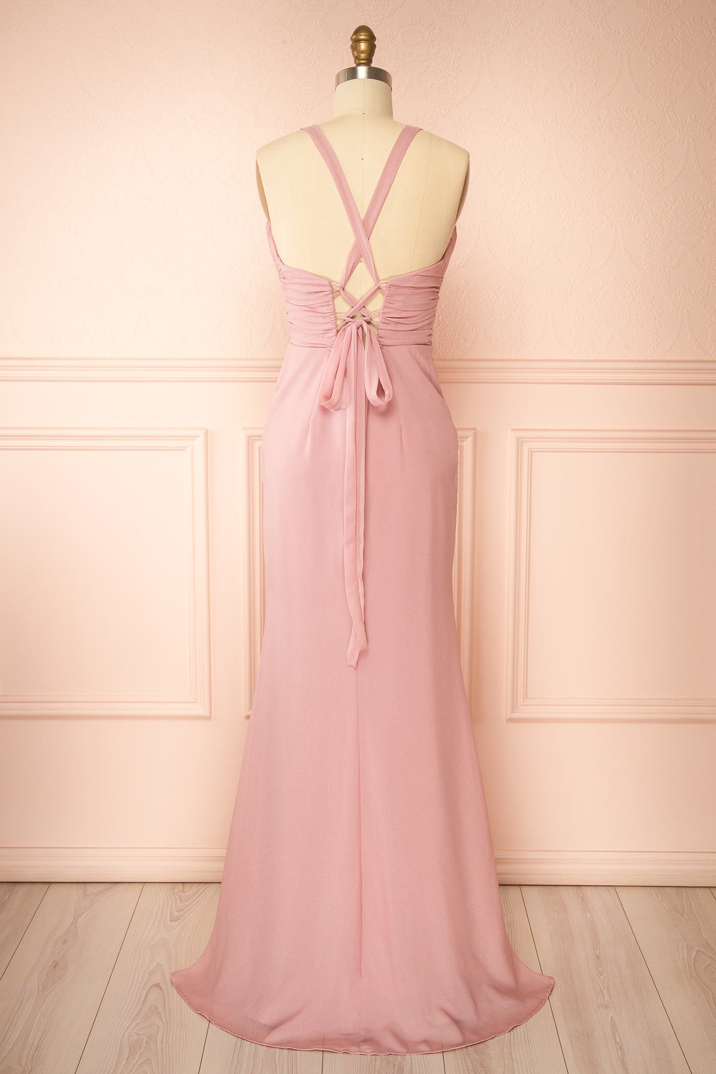 Zanura Pink | V-Neck Chiffon Maxi Dress with Lace-Up Back