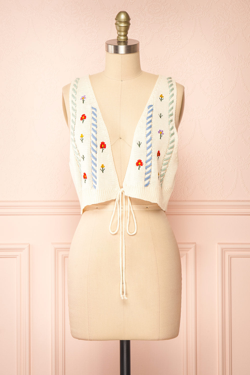 Zaraiah Cream Knit Vest w/ Floral Embroidery | Boutique 1861 front view