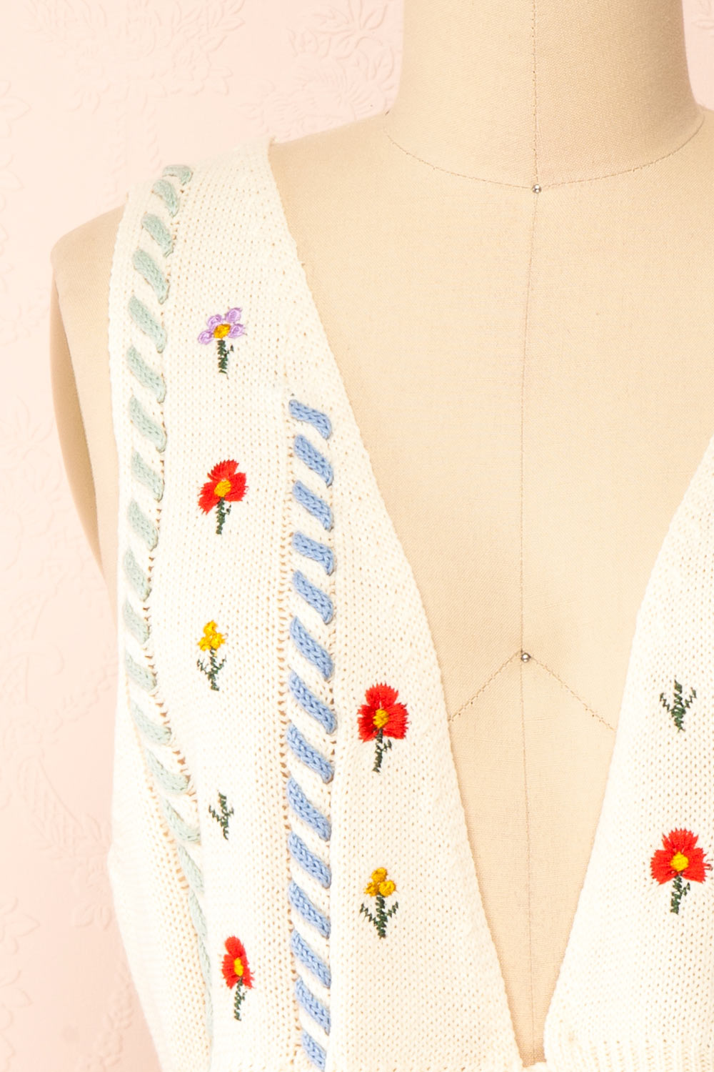 Zaraiah Cream Knit Vest w/ Floral Embroidery | Boutique 1861  front close-up