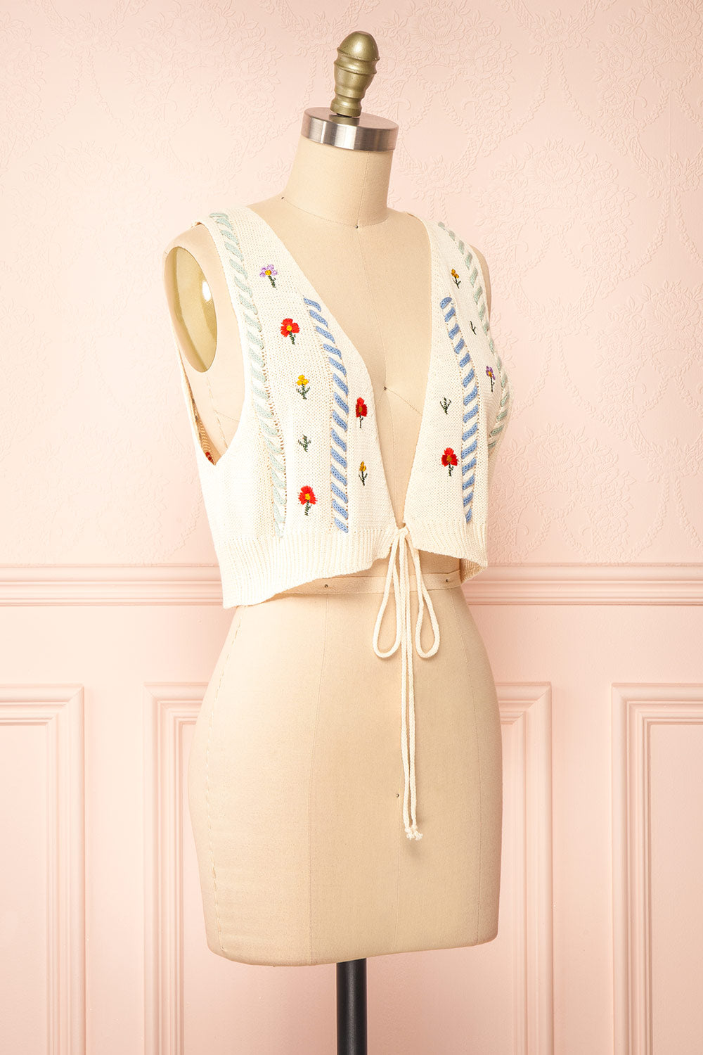 Zaraiah Cream Knit Vest w/ Floral Embroidery | Boutique 1861  side view