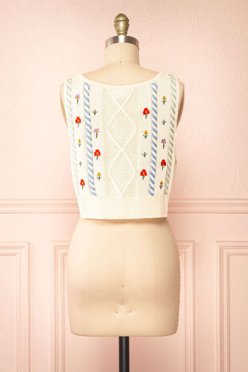 Zaraiah Cream Knit Vest w/ Floral Embroidery | Boutique 1861 back view
