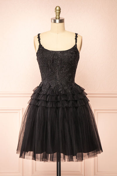 Zarielle Short Black Tulle Tiered Dress | Boutique 1861 front view