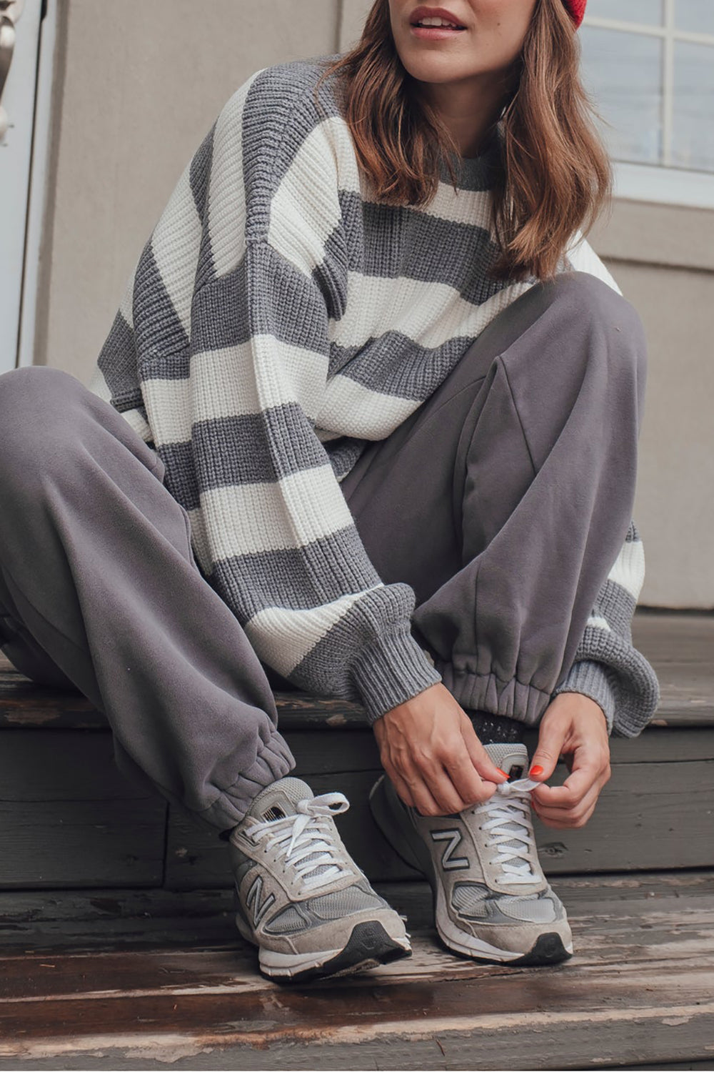 Zario Grey Stripped Oversized Knit Sweater | La petite garçonne on model