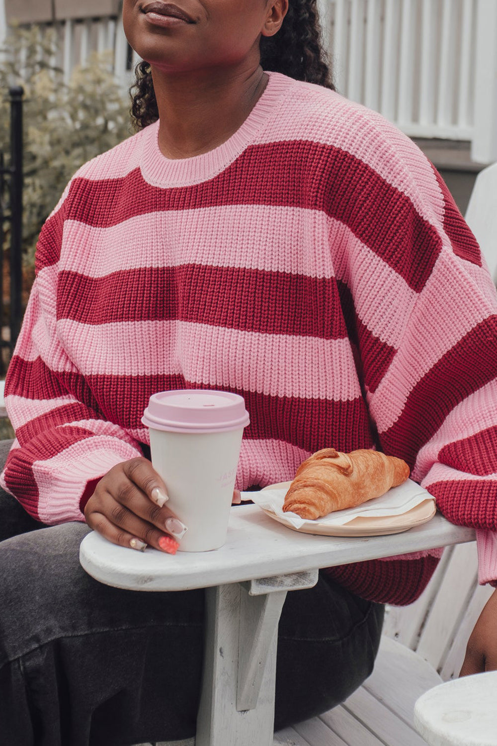 Zario Pink Stripped Oversized Knit Sweater | La petite garçonne on model
