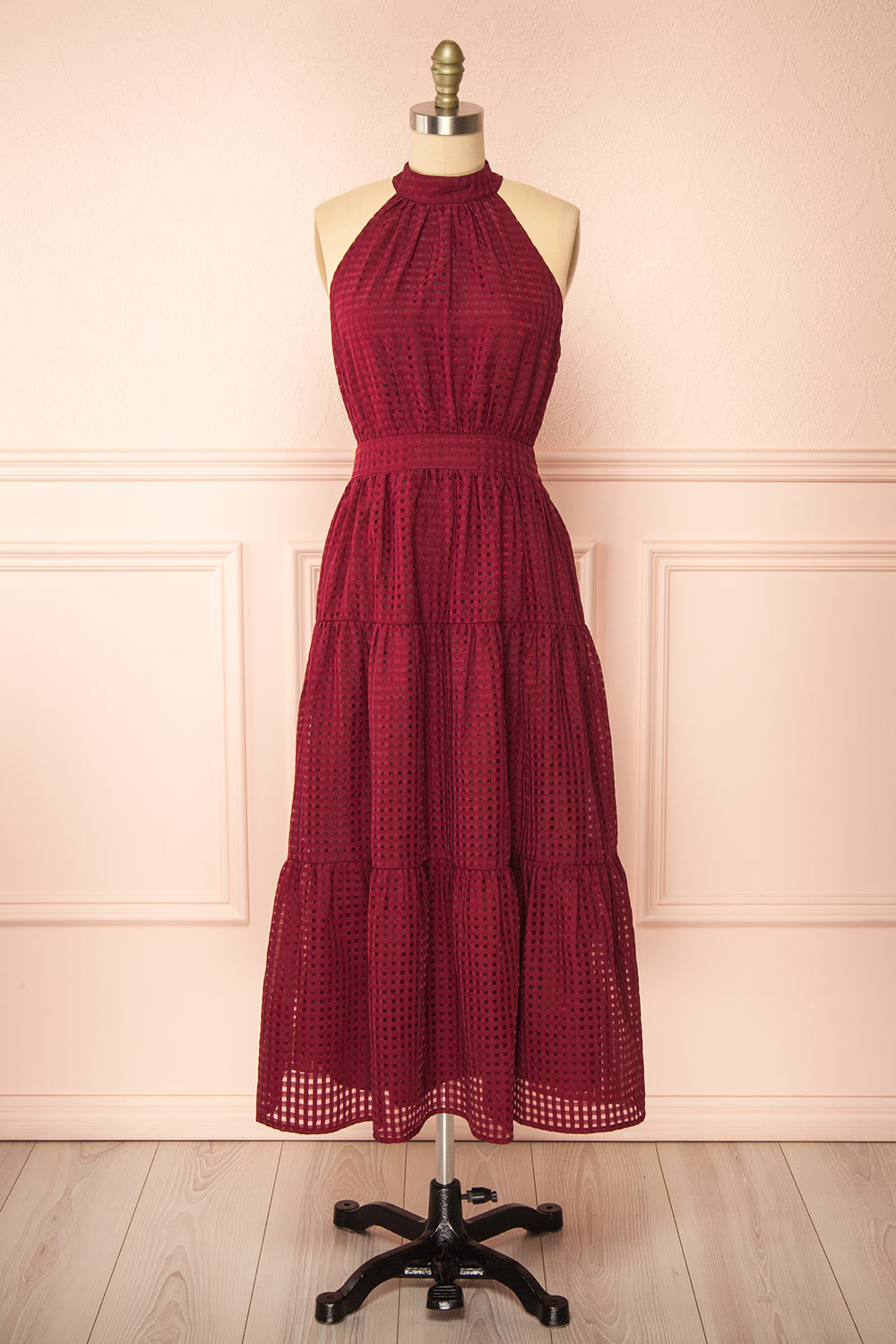 Zassima Long Burgundy Halter Dress | Boutique 1861 front view