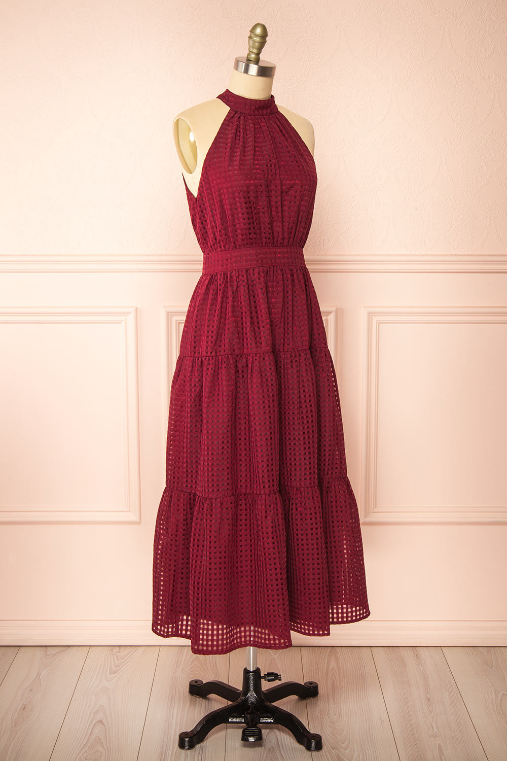 Zassima Long Burgundy Halter Dress | Boutique 1861 side view