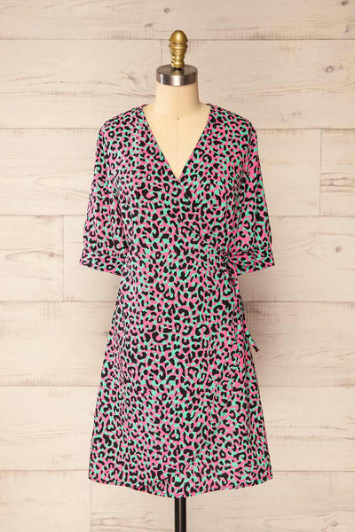 Zekia Pink Leopard Print Short Sleeve Wrap Dress | La petite garçonne front view