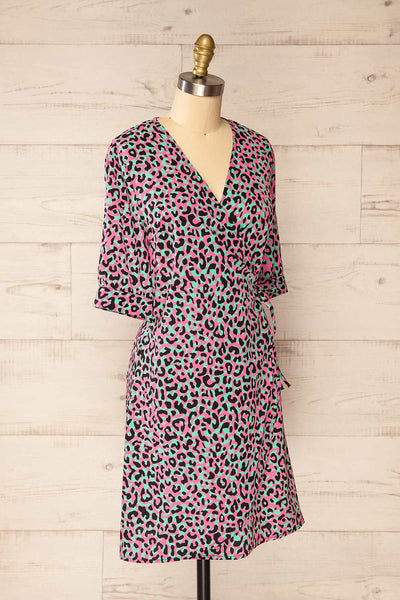 Zekia Pink Leopard Print Short Sleeve Wrap Dress | La petite garçonne side view