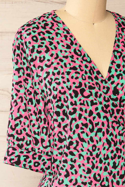 Zekia Pink Leopard Print Short Sleeve Wrap Dress | La petite garçonne side close-up