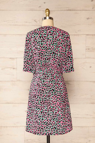 Zekia Pink Leopard Print Short Sleeve Wrap Dress | La petite garçonne back view