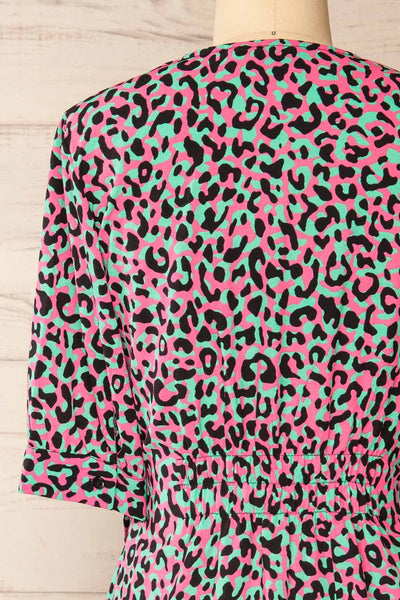 Zekia Pink Leopard Print Short Sleeve Wrap Dress | La petite garçonne back close-up