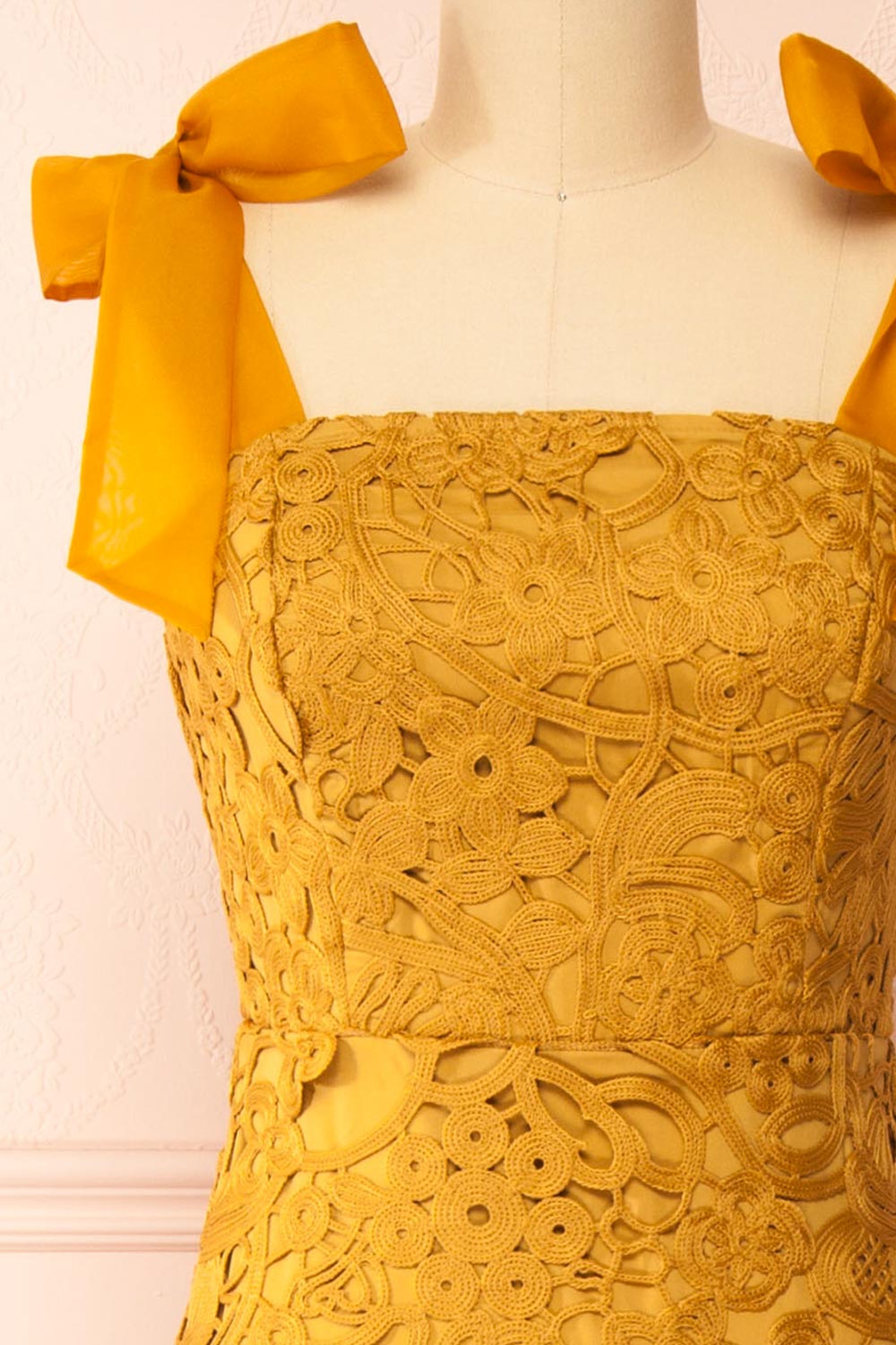 Zelly Fitted Mustard Crocheted Lace Dress | Boutique 1861 front