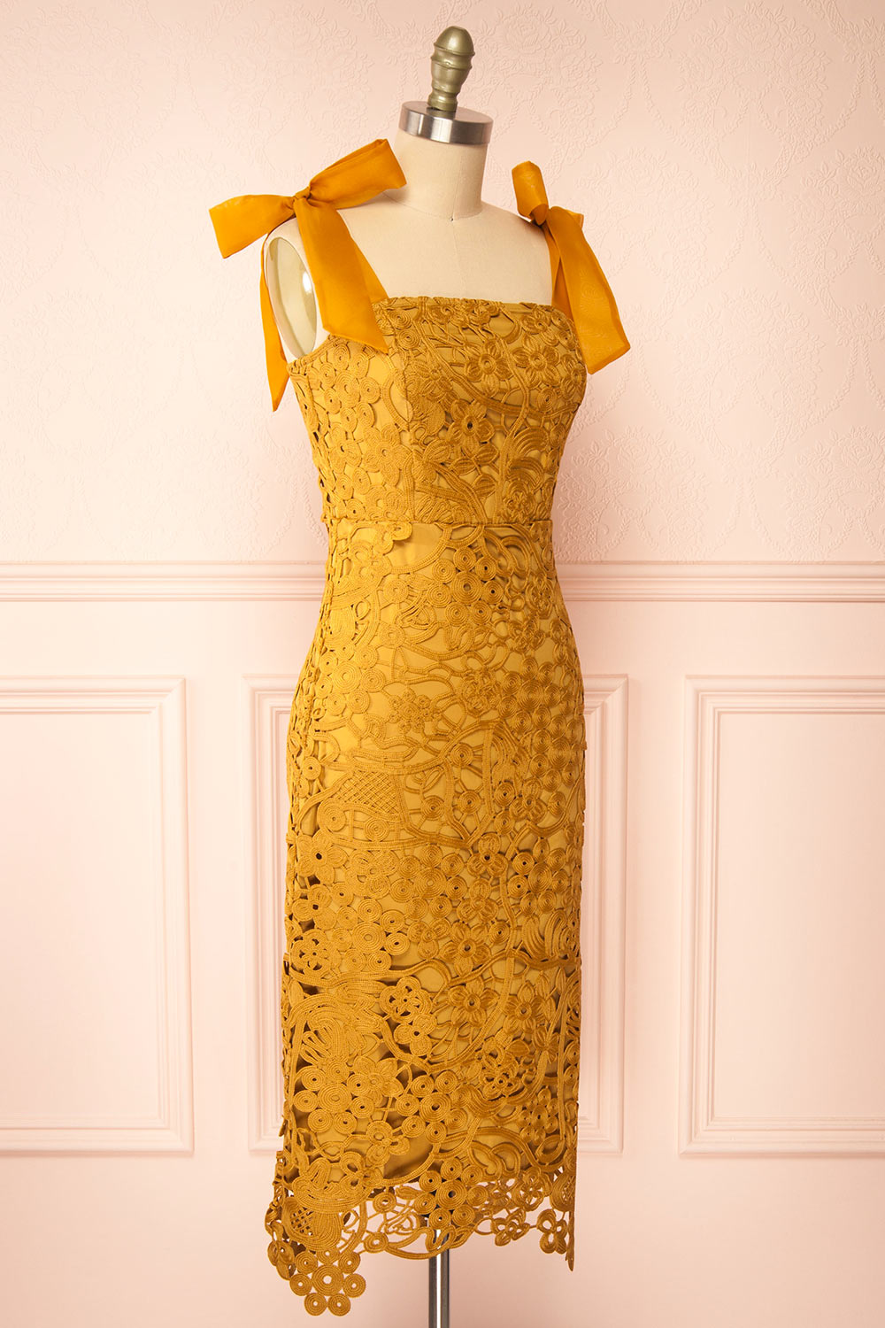 Zelly Fitted Mustard Crocheted Lace Dress | Boutique 1861 side view