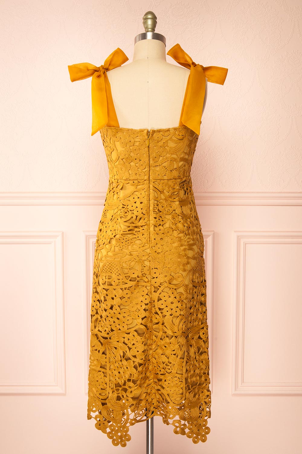 Zelly Fitted Mustard Crocheted Lace Dress | Boutique 1861  back view