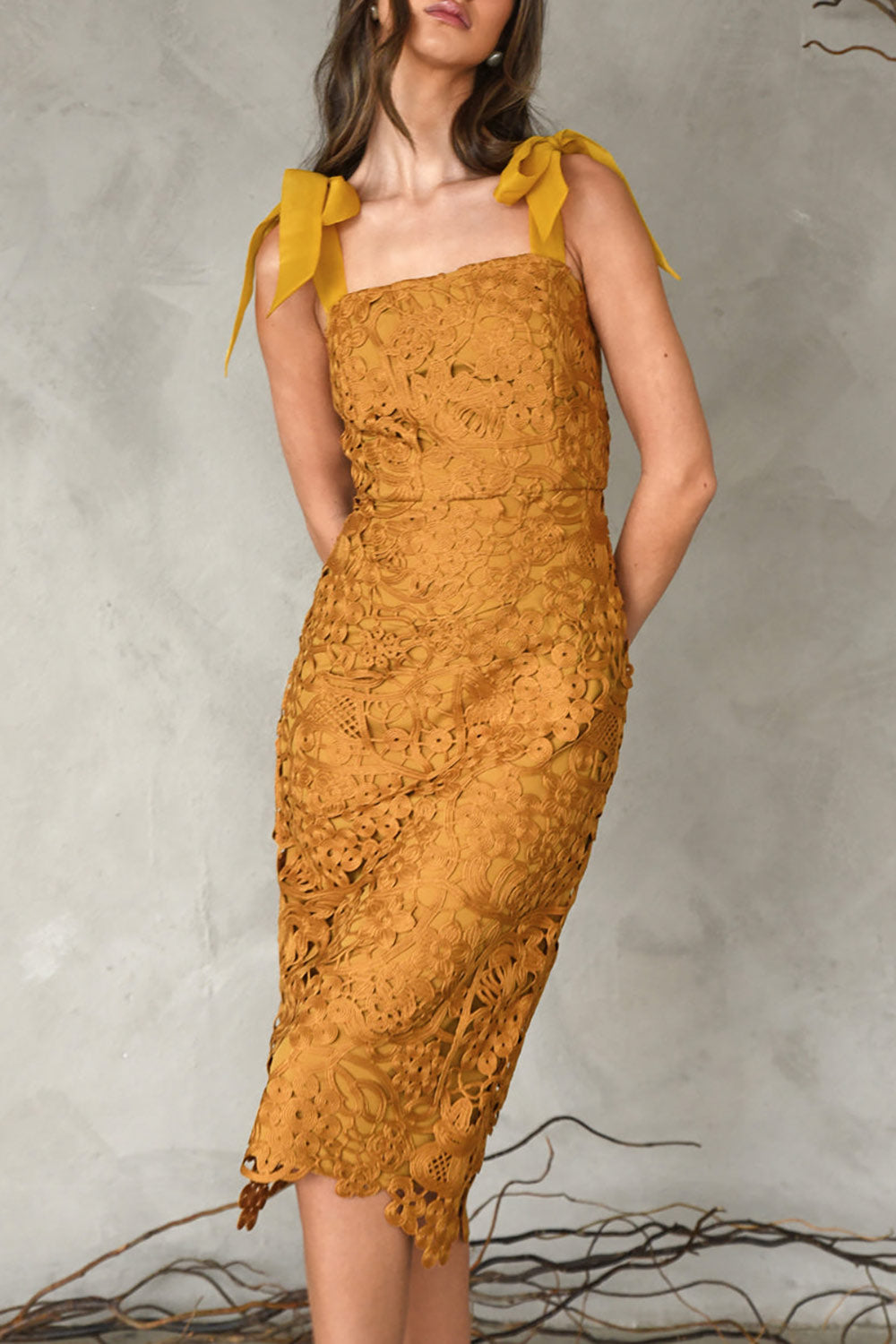 Zelly Fitted Mustard Crocheted Lace Dress | Boutique 1861 on model