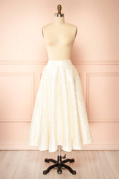 Zenara Ivory Floral Jacquard A-Line Midi Skirt with Pockets